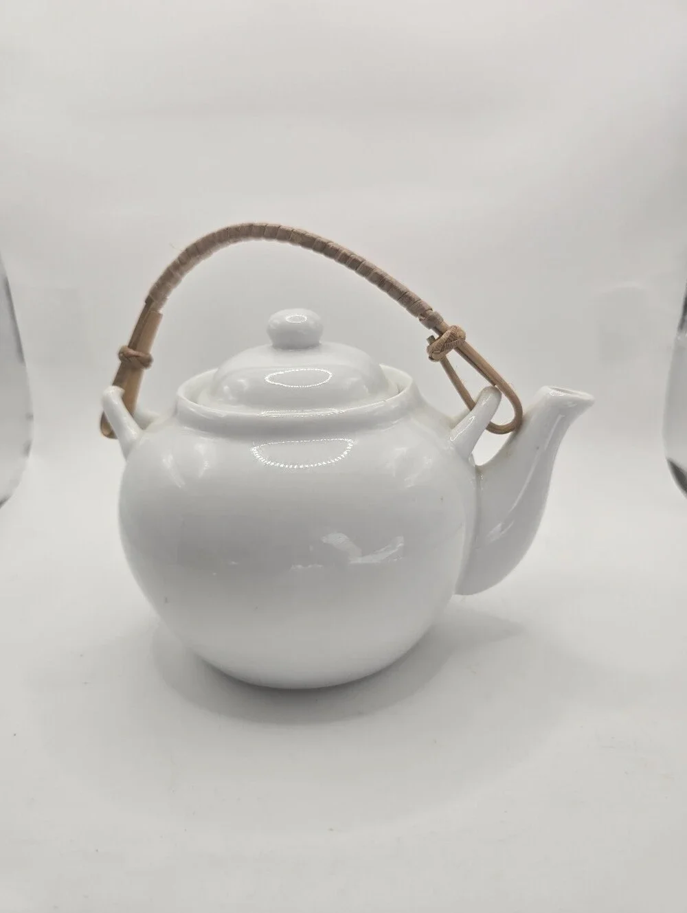 Pier One Small Porcelain Teapot Basket Weave Handle Solid White Round 5”x7.5”